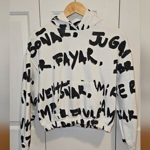 Desigual Women's S, Black & White Manifesto Cropped Hoodie Sweatshirt